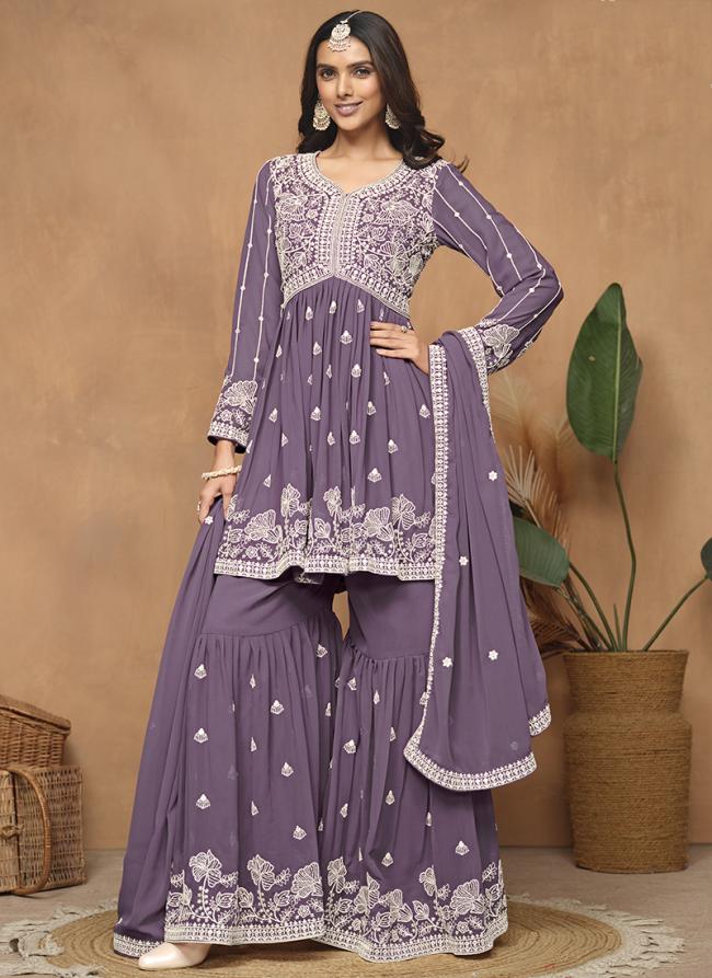 Faux Georgette Purple Wedding Wear Embroidery Work Sharara Suit